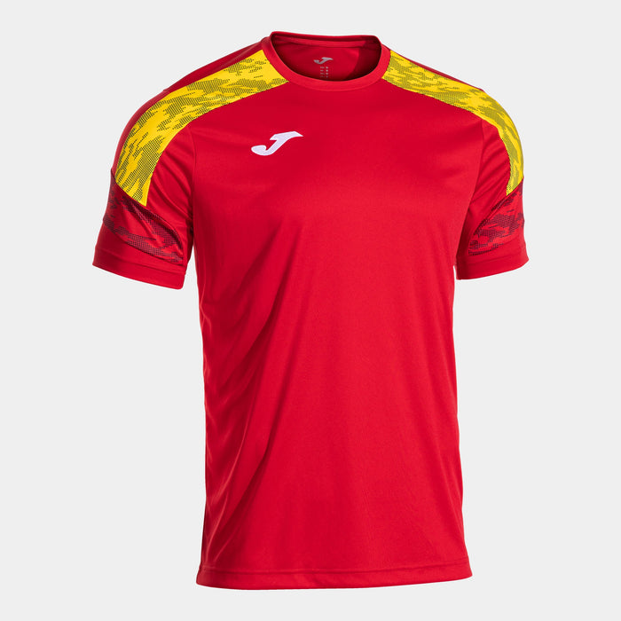 Red sports jersey with yellow accents on a white background