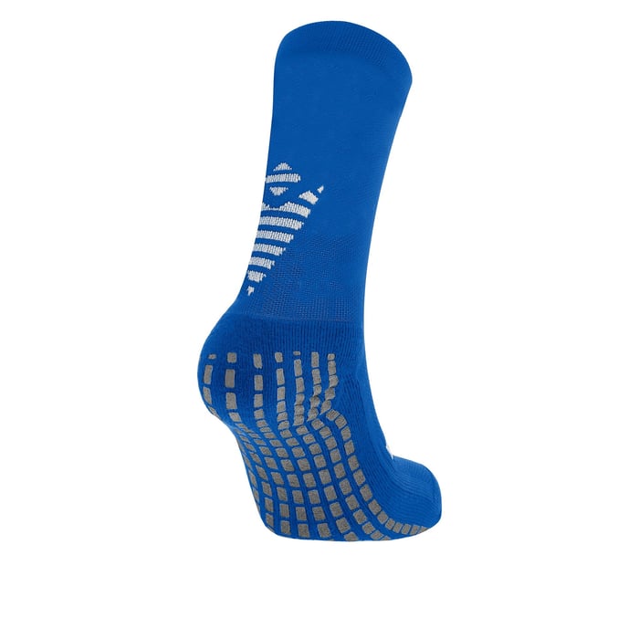 Blue sock with grip pattern on a white background