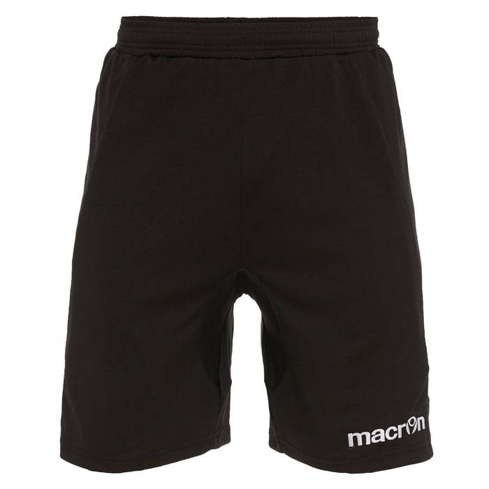 Black shorts with a Macron logo on a white background
