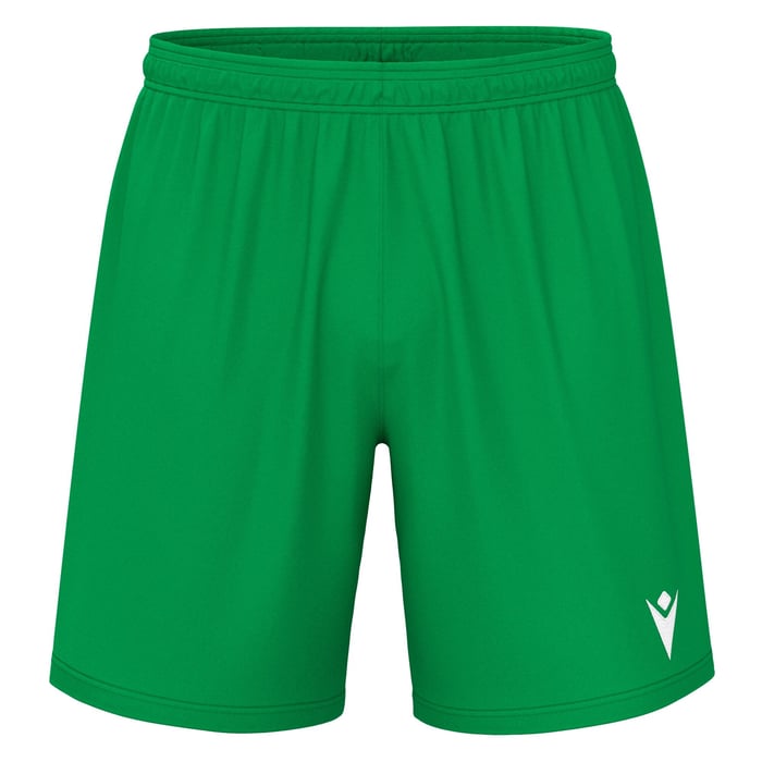 Green shorts with a small white logo on a white background