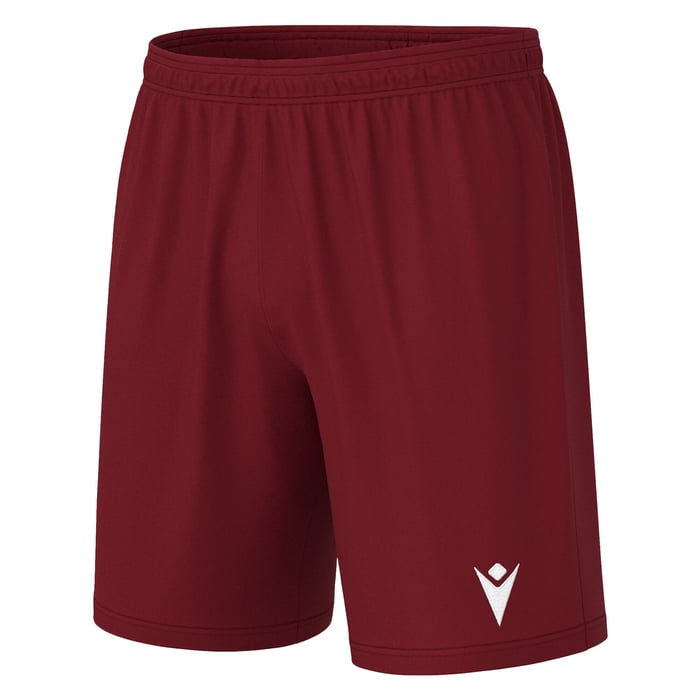 Maroon shorts with a white logo on a white background
