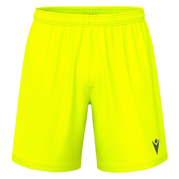 Bright yellow shorts with a small logo on a white background