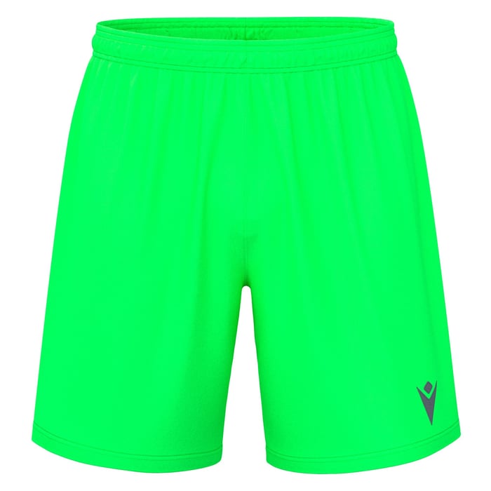 Neon green shorts with a small logo on a white background