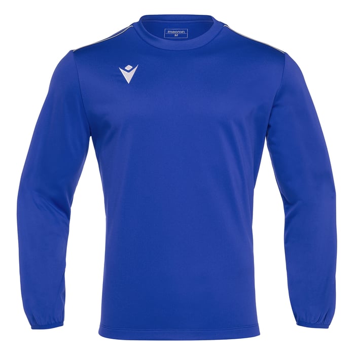 Blue long-sleeve shirt with a logo on a white background