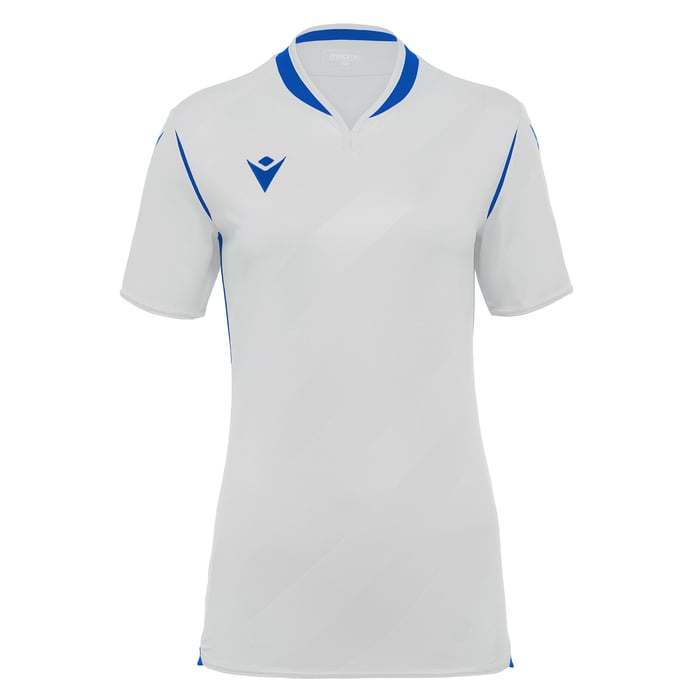 White polo shirt with blue accents on a white background