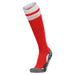 Red knee-high sock with white top and gray sole on a white background