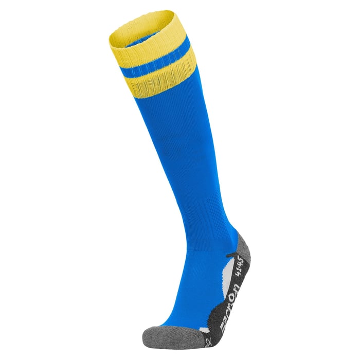 Blue knee-high sock with yellow top and gray sole on a white background