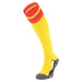 Yellow knee-high sock with red top and gray sole on a white background