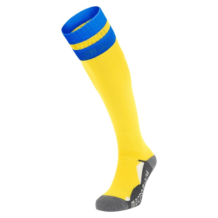 Yellow knee-high sock with blue top on a white background