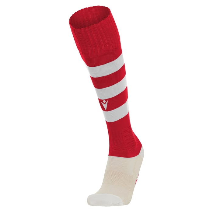 Red and white sock with a logo on a white background