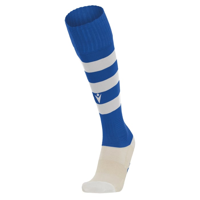 Blue and white striped sock with a logo on a white background