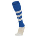 Blue and white striped sock with a logo on a white background