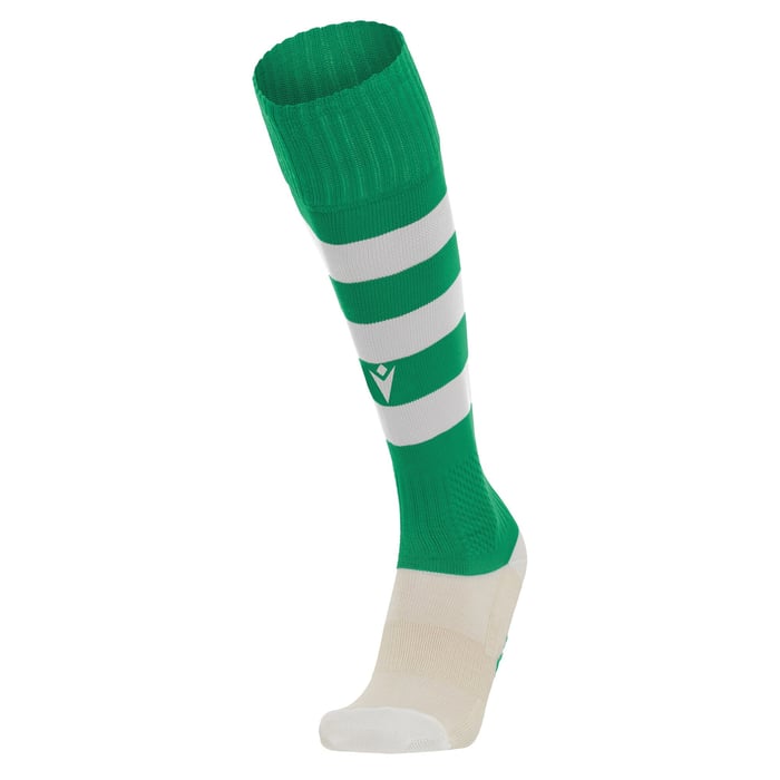 Green and white striped sock on a white background