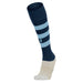 Navy sock with light blue stripes and white heel on a white background