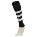 Black and white striped sock with a logo on a white background