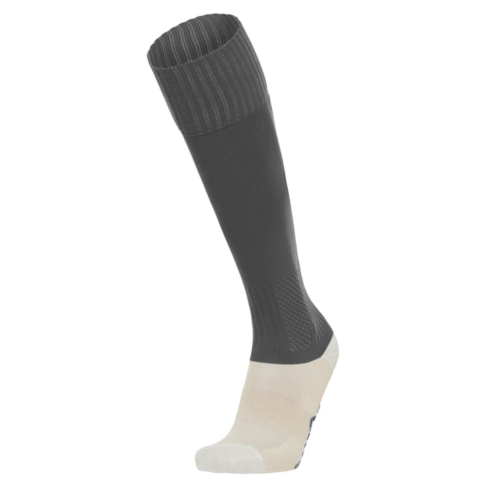 Gray knee-high sock with white toe and heel on a white background