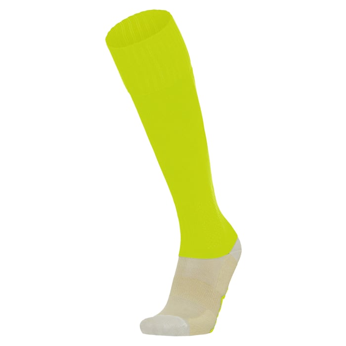 Bright yellow knee-high sock with white toe and heel on a white background