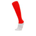 Red knee-high sock with white cuff on a white background