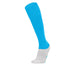 Blue knee-high sock with white toe and heel on a white background