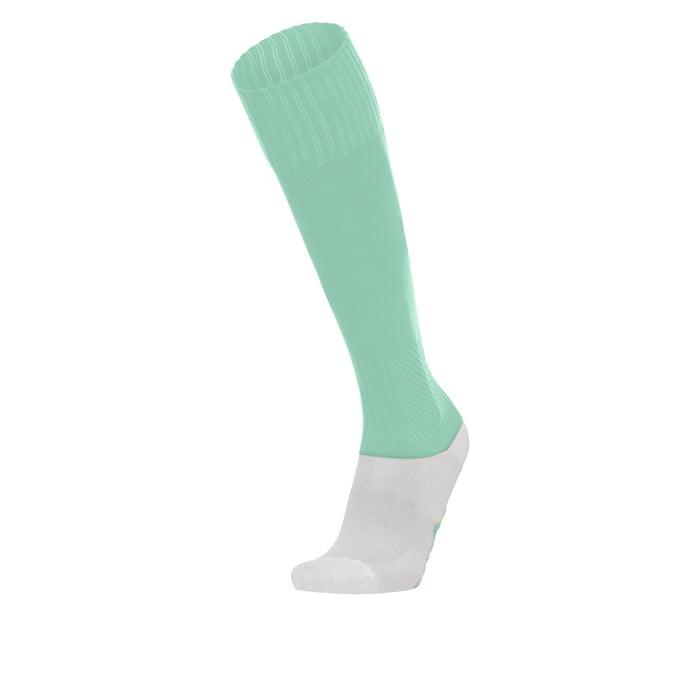Mint green knee-high sock with white foot section on a white background
