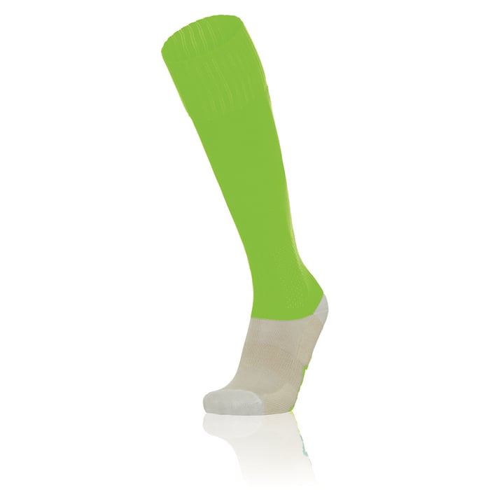 Green knee-high sock with gray toe and heel on a white background