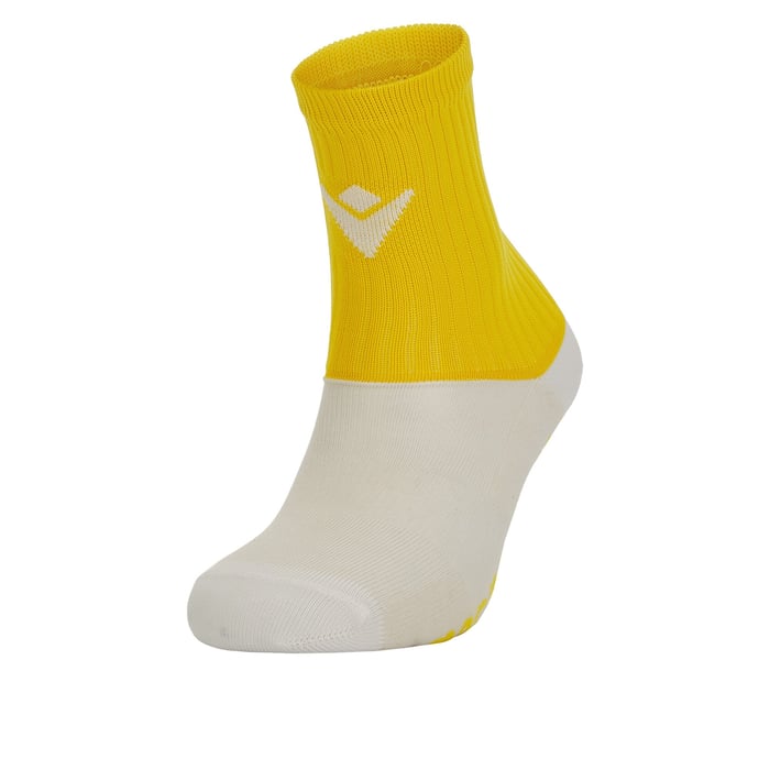 Yellow and white sock with a logo on a white background