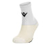 White ankle sock with a black logo on a white background