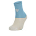 Light blue and beige sock with a logo on a white background