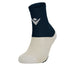 Navy and white sock with a logo on a white background