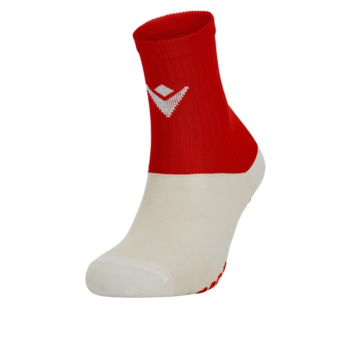 Red and white sock with a logo on a white background