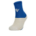Blue and beige sock with a logo on a white background