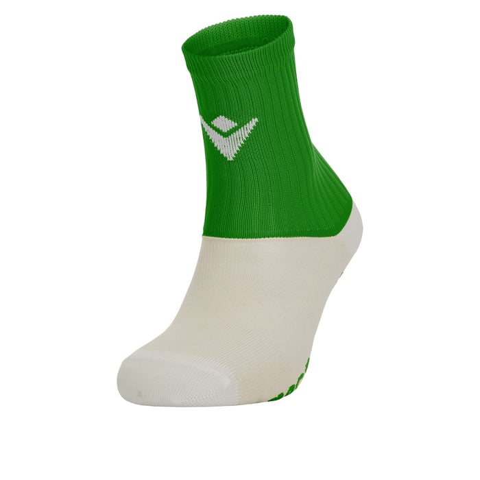 Green and white sock with a logo on a white background