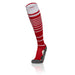 Red and white striped knee-high sock on a white background