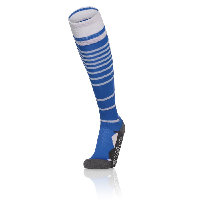 Blue and white striped knee-high sock on a white background