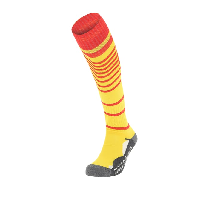 Yellow and red striped sock with gray toe on a white background