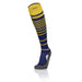 Knee-high sock with blue and yellow stripes on a white background