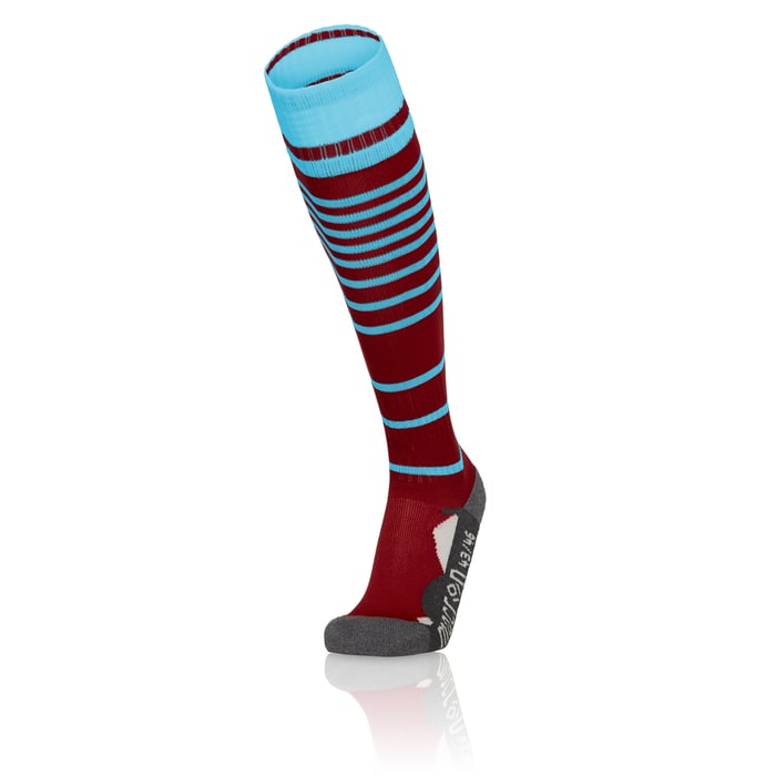 Red and blue striped knee-high sock on a white background