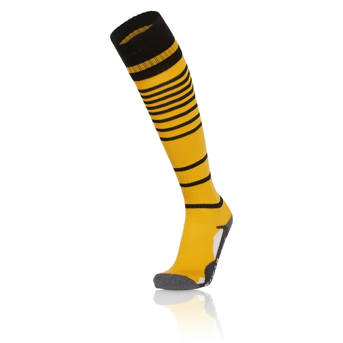 Yellow and black striped sock on a white background