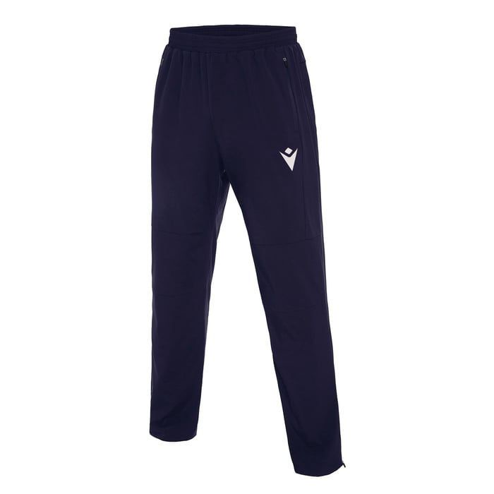 Navy blue pants with a white logo on a white background