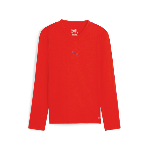 A red long sleeve baselayer for kids and men by Puma, with a V-neck cut and a small Puma logo on the chest.
