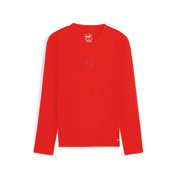 A red long sleeve baselayer for kids and men by Puma, with a V-neck cut and a small Puma logo on the chest.