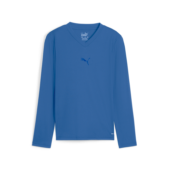 A blue long sleeve baselayer for kids and men by Puma, with a V-neck cut and a small Puma logo on the chest.