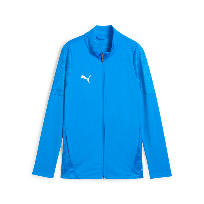 A blue Puma Team CUP 25 training jacket with a hood, featuring a camouflage pattern on the sleeves and a visible Puma logo on the chest.