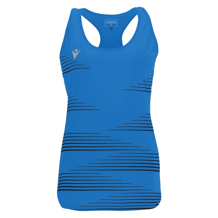 Blue tank top with black accents on a white background