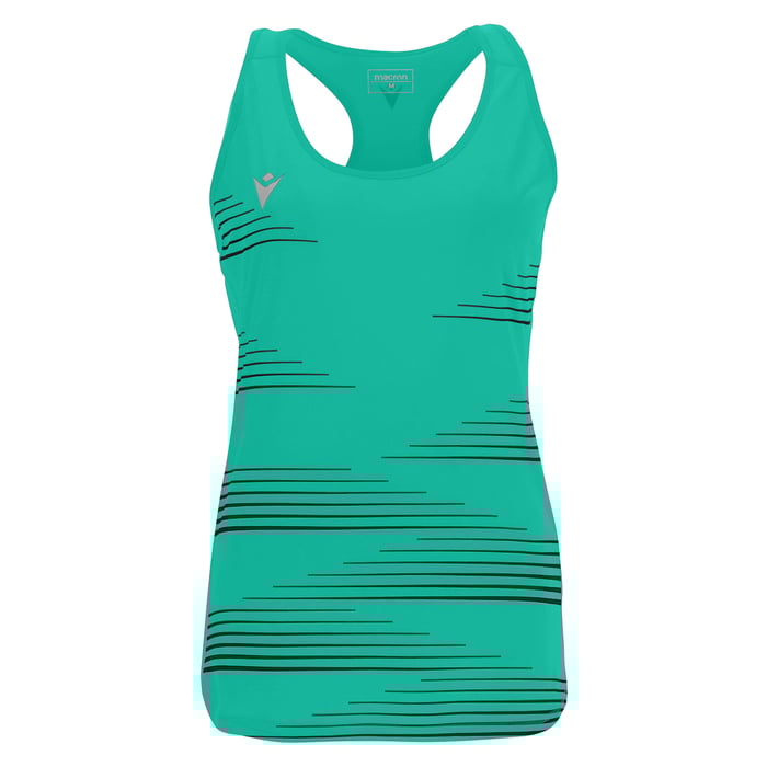 Green tank top with black patterns on a white background