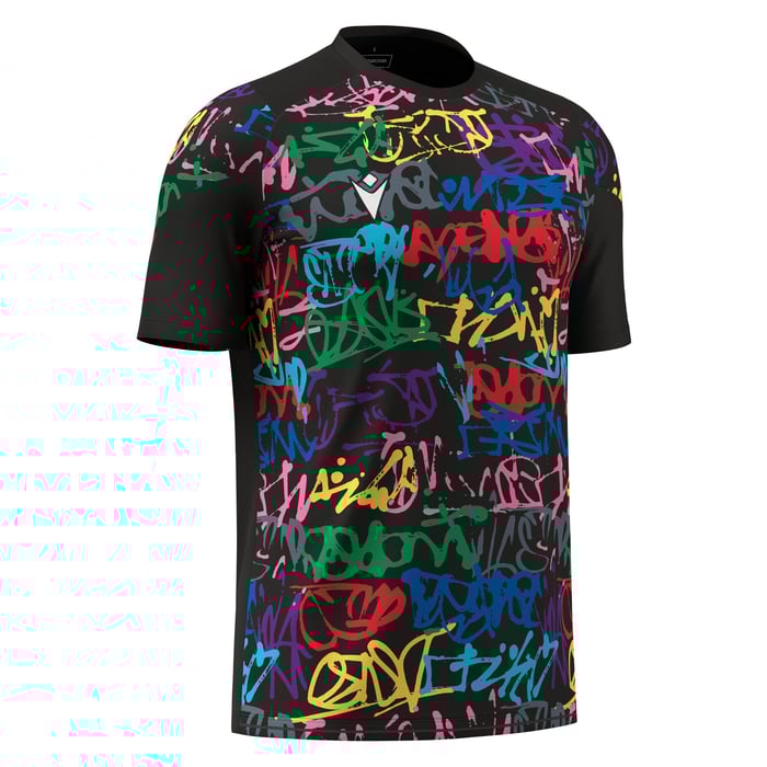 Black t-shirt with colorful graffiti-style text pattern on a white background