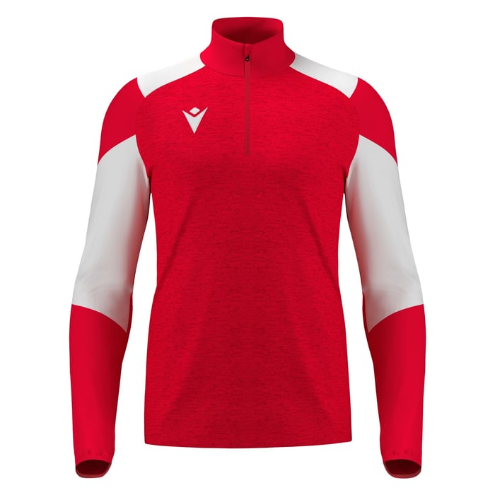 Red and white long-sleeve athletic top with a zipper on a white background