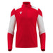 Red and white long-sleeve athletic top with a zipper on a white background