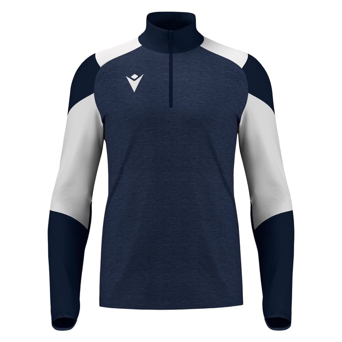 Navy and white long-sleeve athletic shirt with a quarter zip on a white background