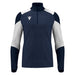 Navy and white long-sleeve athletic shirt with a quarter zip on a white background